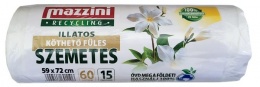 Szemeteszsák, újrahasznosított, köthető füles, illatosított, 60 l, 15 db, 59x72 cm, 13 µ, MAZZINI, virág illat
